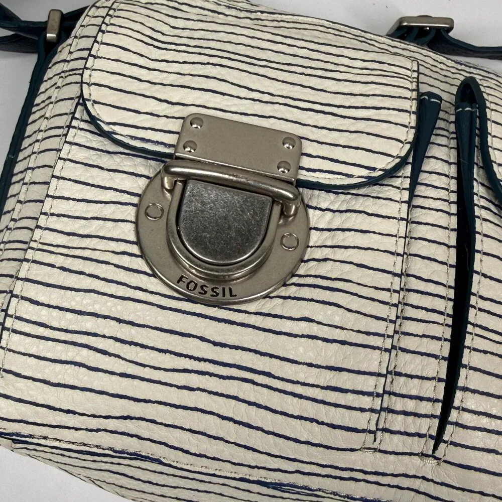 Fossil Riley Crossbody Bag Stripe Print Leather Navy White Adjustable Strap